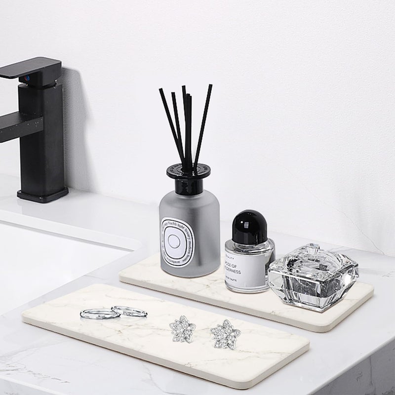 Deceram 2 Pcs Water Absorbing Stone Drying Trays for Bathroom Sink Kitchen Counter Soap Dish Dispenser Sponge Holder White Ceramic Bathroom Vanity Quick Dry Stone Mat for Kitchen Sink Marble Diatomite Tray - Image 4